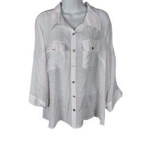 Kim Rogers Woman White Button Down Roll Tab Sleeve Blouse 1X vtg nos 90s sheer